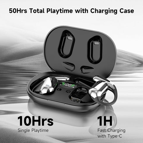 Open Ear Bluetooth 5.4 Earbuds, IPX6 Waterproof Air Conduction Headphones, 50H Playtime, Ergonomic Ear Hook, Built-in