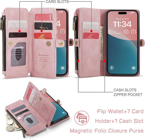 Defencase iPhone 13 Mini Case Wallet, RFID Blocking Card Holder, PU Leather Magnetic Snap Flip Zipper Strap Wallet Rose