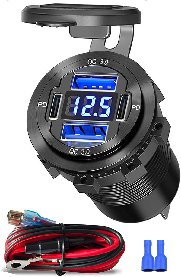 12V USB Outlet, 4 USB Port Aluminum Charger Socket, 2 USB C PD & 2 USB QC3.0 for Car, Boat, Marine, Bus, Truck