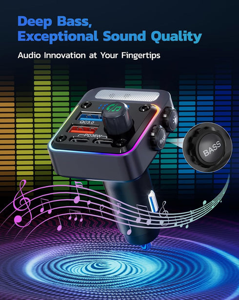 Nulaxy 54W Bluetooth 5.3 Car Adapter with 4 Charging Ports, Wireless Radio FM Transmitter with Deep Bass Player