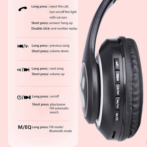 Wireless Cat Ear LED Light Up Bluetooth Headphones, Foldable Over Ear with Microphone for Learning