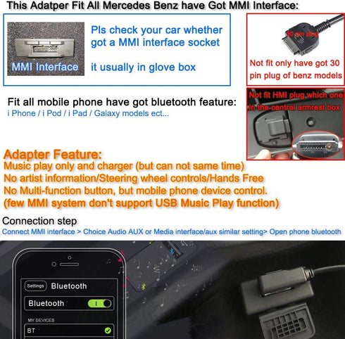Bojer Bluetooth Adapter for Mercedes Benz MMI Port, Compatible with Apple iPhone, iPod, Android Devices, HiFi Music Play