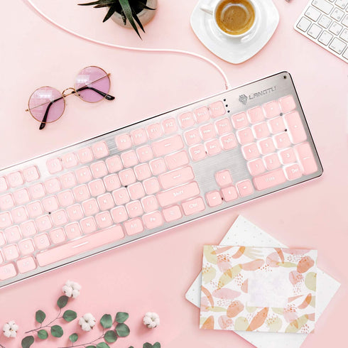 LANGTU Computer Keyboard, Backlit LED Pink Keyboard for Office, All-Metal Panel USB Wired Membrane Keyboard, 25 Keys