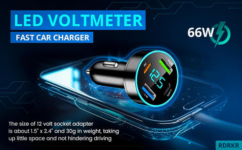 66W Car Charger, 4-Port Cigarette Lighter USB Charger, 2 * USB 2.4 + PD + Type C Adapter with Voltmeter, Compatible