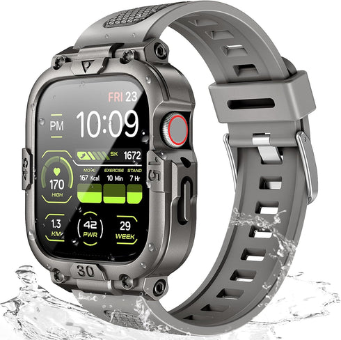 Dsytom Waterproof Case with Band for Apple Watch 45mm 44mm 41mm 40mm, Rugged Strap with Tempered Glass Protector