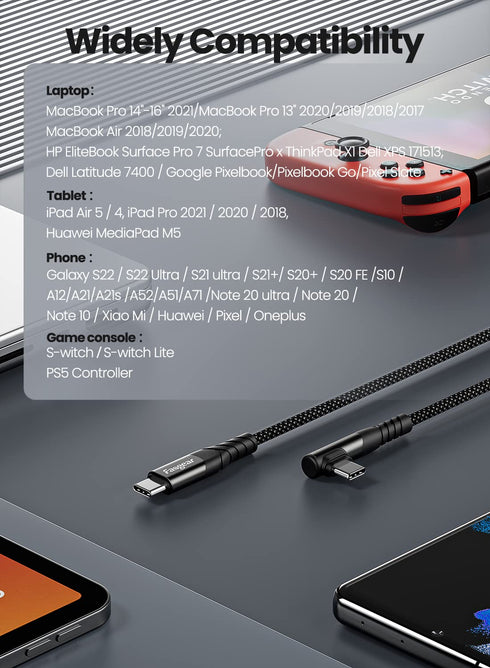 Fasgear 240W USB C to USB C Cable 10ft, PD 3.1 USB 2.0 Type C 5A Fast Charging Charger Cable, Right Angle Nylon Braided