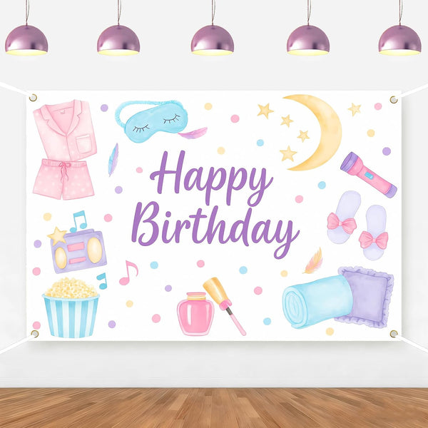 Spa Happy Birthday Backdrop Spa Party Supplies for Girls Makeup Pajama Sleep