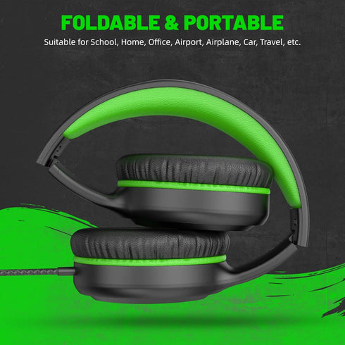 Green Wired Headphones for Boys & Girls - Lightweight, Portable On-Ear Youth Headphones for School & Travel, Compatible