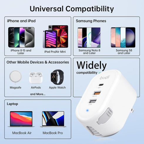 Budi 38W 3-Port USB Wall Charger, Multifunctional Built-in USB Cable Fast Charger for iPhone/Tablet/Samsung