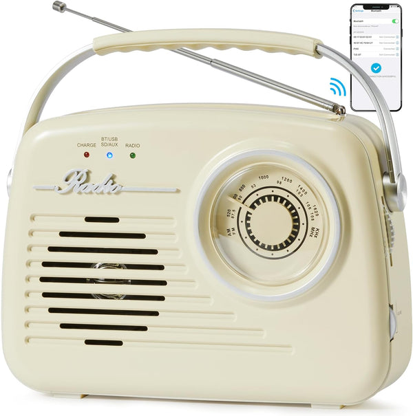 Radios Portable AM FM, Battery Powered or Plug-in for Home/Outdoor, Vintage Retro Radio with Bluetooth, Beige