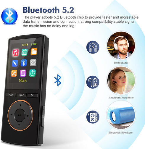 MP3 Player, Safuciiv 32GB MP3 Players with Bluetooth 5.2 Lossless Music HiFi Sound Quality, with FM Radio, Support Recording, Earphones Included, Black