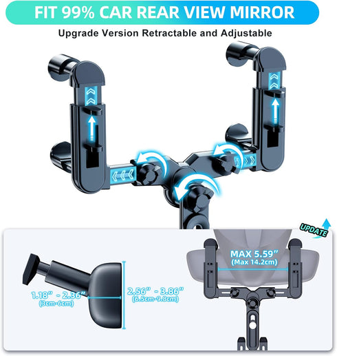 Phone Mount for Car, 360 Rotatable and Retractable Car Phone Holder Mount Free Adjustment Rear View Mirror Phone Holder for Car Universal Rearview Mirror Cell Phone Car Mount Fit for All Smartphones