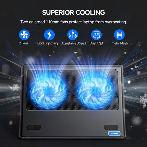 TECKNET Laptop Cooling Pad for 12"-15.6" Laptops, Adjustable Gaming Laptop Cooling Stand with 2 USB Powered Fans for