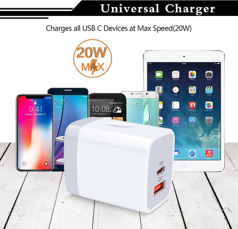USB C Power Adapter, 3Pack 20W 2 Port PD&QC 3.0 Fast Charging Block Wall Charger for iPhone and Samsung Galaxy