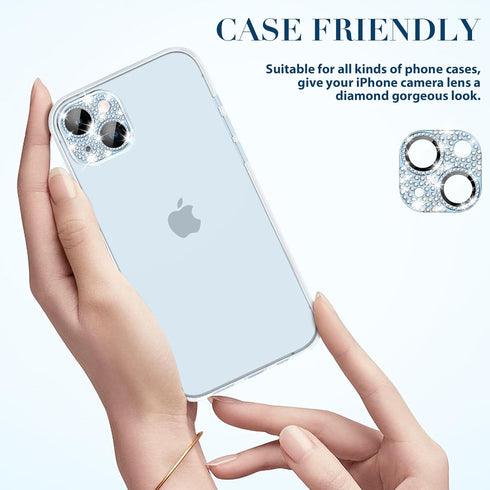 Goton Camera Lens Protector for iPhone 15 Plus, Bling Tempered Glass with Glitter Diamond Metal Cover, Blue