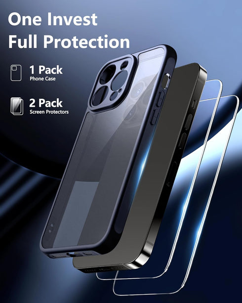 iPhone 14 Pro Case, Black Full-Body Matte Protective Case with Screen Protector and Camera Protection