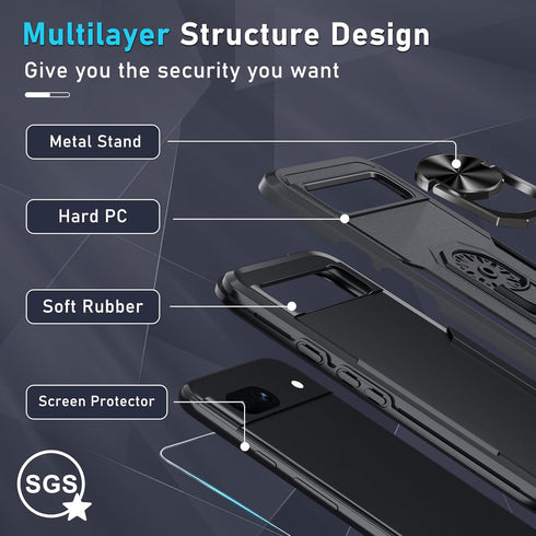 Shop Google Pixel 8a Case 2024: Heavy Duty Black Matte with Screen & Camera Lens Protectors, Rotatable Kickstand.