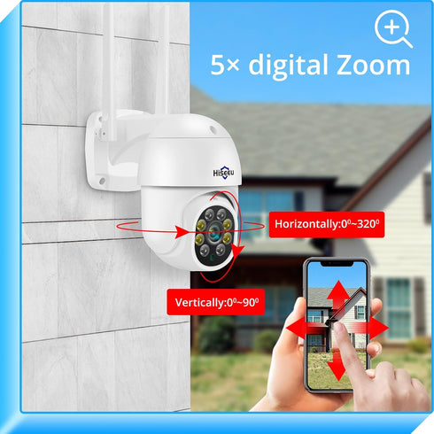 Hiseeu 2K 3MP PTZ Outdoor Security Camera, WiFi Camera with Auto Tracking, Light Alarm, Two-Way Audio, Plug-in Cable