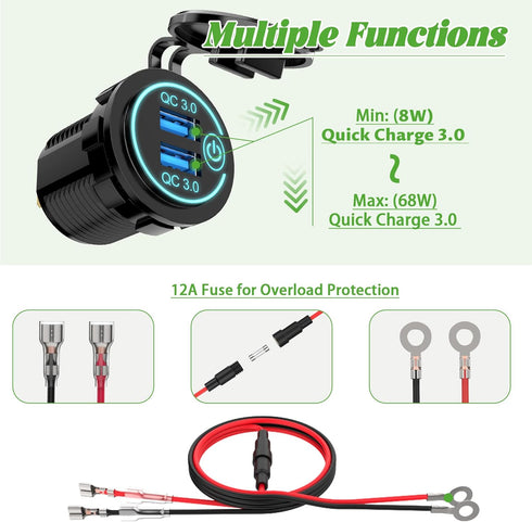 10L0L Golf Cart Quick Charge QC 3.0 Dual USB Charger Socket, 12V-24V USB Outlet for Yamaha EZGO Club Car
