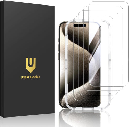 UNBREAKcable 4-Pack Screen Protector for iPhone 15 Pro, Double Shatterproof Tempered Glass