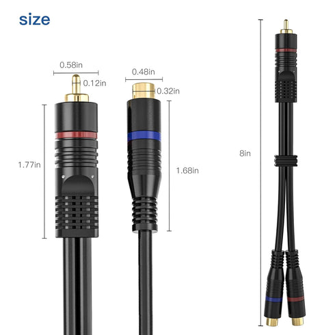RCA Splitter, 2 Pack RCA Male to Dual RCA Female Y Splitter Cable, 8 Inches Gold Plated Audio Cord for Subwoofer Speaker