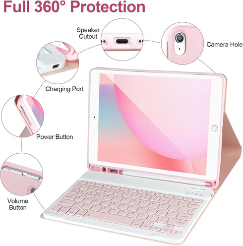 Keyboard Case for iPad 9/8/7th Gen 10.2’’ - Detachable Bluetooth Keyboard with Pencil Holder for iPad 10.2, Pink