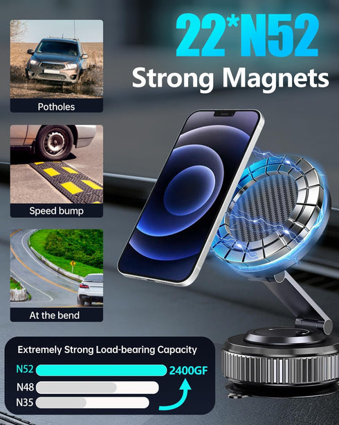 Veipho 360 17-12 Car Phone Holder for MagSafe - Magnetic Vacuum Mount Adjustable, Compatible with iPhone Series