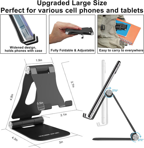 YOSHINE Upgraded Phone Stand for Desk, Adjustable Foldable Aluminum Holder for All iPhone Smartphones and iPad Tablets