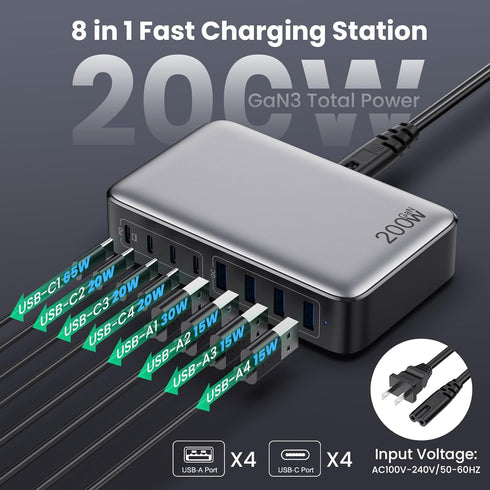 USB C Charger 200W Block, Upgraded GaN III 8-Port Fast Charging Hub, PD 65W Laptop Charger for MacBook Pro/Air, DELL,