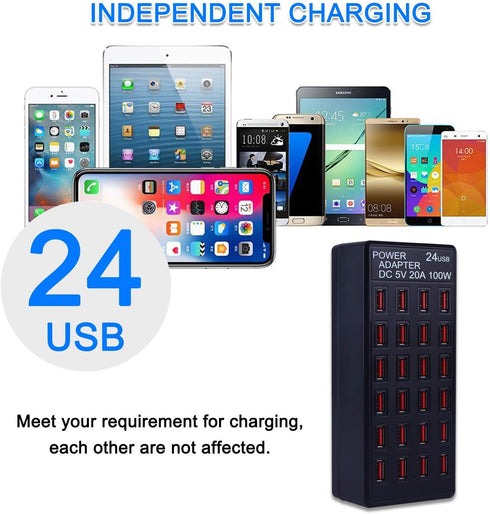 24-Port 100 Watt USB Charging Station, Fast Charger for Home & Travel