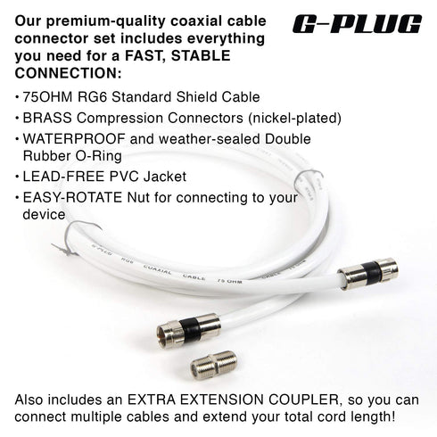 G-PLUG 10FT RG6 Coaxial Cable Connectors Set for High-Speed Internet and TV