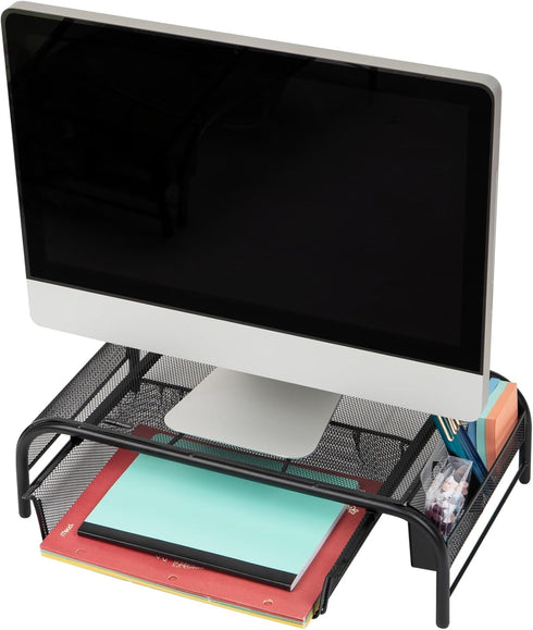 Mind Reader Monitor Stand, Set of 2, Ventilated Laptop Riser and Paper Tray, Metal Mesh, Black