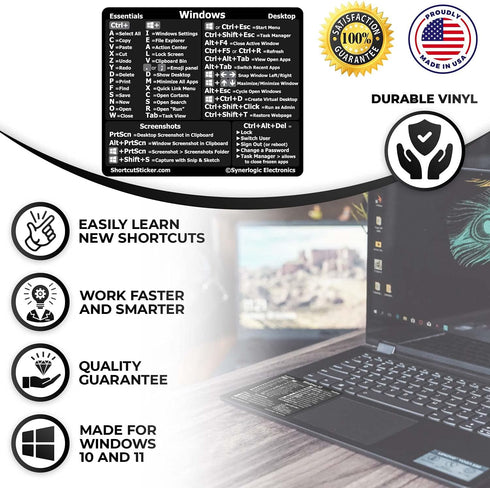 Synerlogic Windows PC Reference Keyboard Shortcut Sticker, Vinyl, No-Residue Adhesive for PC Laptop or Desktop