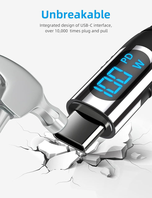 10ft Long USB C to USB C Cable (100W 5A) with LED Display, Fast Charging for iPhone 15, MacBook, Galaxy S23, Pixel.