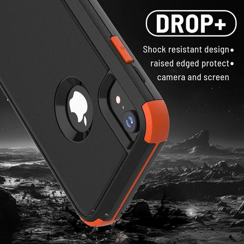 iPhone XR Case, Black Orange, Dropproof Shockproof 3-Layers Heavy Duty Drop Protection with Tempered Glass Screen
