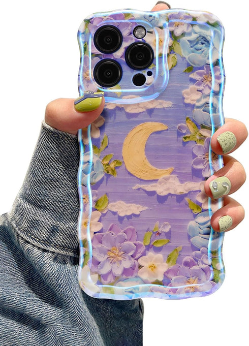 EYZUTAK iPhone 13 Pro Max Case, Colorful Retro Oil Painting Flower Moon Pattern, Stylish Durable TPU Cover - Purple