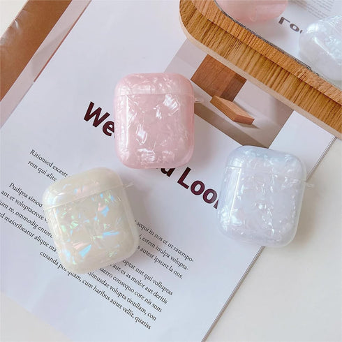 Olytop Cute Glitter Airpods 2/1 Gen Case with Cleaner Pen, Shell Pattern Cover with Luxury Pearl Keychain - Colorful