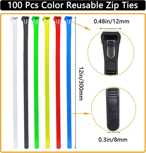 100 Pcs 12 Inch Color Reusable Zip Ties, Heavy Duty Releasable Cable Ties, Self-Locking Nylon Colored Zip Ties 50 Lbs Tensile Strength Cable Ties Wraps for Garden Plant Home Office Workshop by YaysaShop