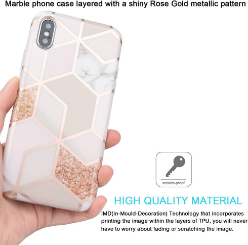 JAHOLAN Compatible iPhone X Case - Stylish Shiny Rose Gold Marble Design Clear Bumper Soft Rubber Cover