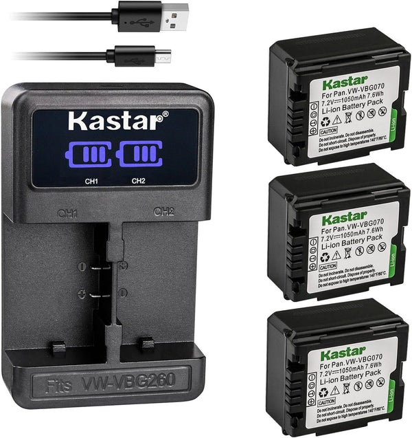 Kastar 3-Pack VW-VBG070 Battery and LED2 USB Charger, Compatible with Panasonic VDR-D210 VDR-D220 VDR-D230 Cameras