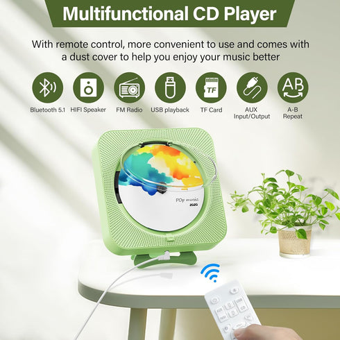 Portable CD Player with Bluetooth, Desktop Speakers for Home, Remote Control, LED Display, Supports CD/FM