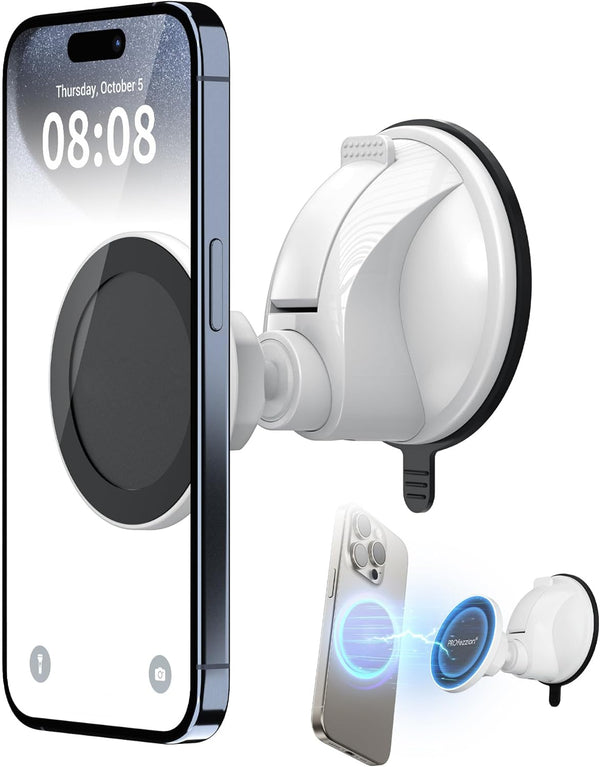 PROfezzion Magnetic Shower Mirror Phone Holder, Reusable Suction Cup Mount for iPhone 15 14 13 12 & All Phones, White