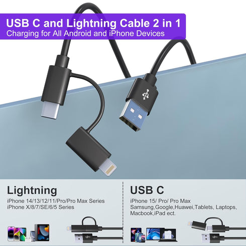 USB C and Lightning Cable 2 in 1 Dual Cable - 3A Fast Charging & Data Sync Apple CarPlay & Android Auto Coiled Short Durable Anti-Tangle iPhone Android Charger Cord Combo Lightning/Type C/USB A, 3FT