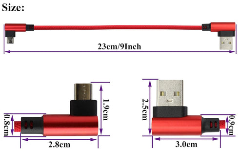 (23cm/9inch 90 Degree Micro USB Cable Right Angle USB 2.0 A Male to Micro Male Fast Sync & Charging Cable for Android, Samsung, LG,Huawei, Smartphones & More(Red/3-Pack)