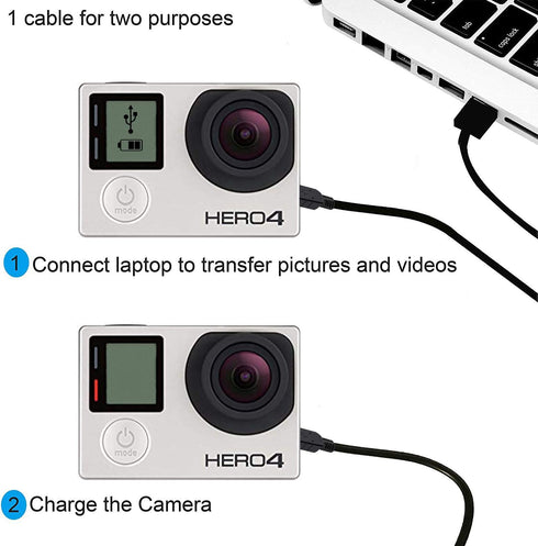Suptig Mini USB Charging Cable 2 Pack for GoPro Hero 4, 3+, 3, 2, 1 (Black)