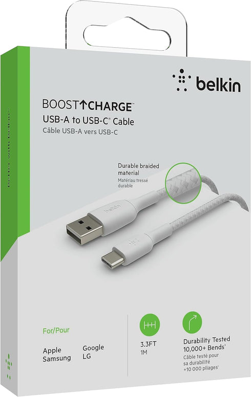 Belkin 3.3ft Braided USB-C to USB-A Cable - Compatible with iPhone 15, Samsung Galaxy, Pixel, iPad Pro, Nintendo Switch