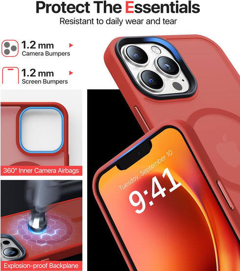 Strong Magnetic Case for iPhone 13 Pro Max, Military Grade Drop Protection, Shockproof Translucent Matte Red