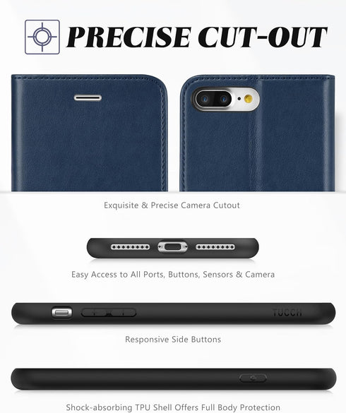 TUCCH Case Wallet for iPhone 8 Plus/7 Plus, PU Leather with 3 Credit Card Holder, 1 Money Slot, Kickstand Folio Flip