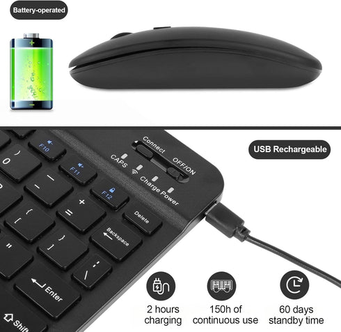 Ultra-Slim Portable Bluetooth Keyboard and Mouse Combo, Compact Rechargeable Wireless Set for iPad Pro/Mac OS/Windows