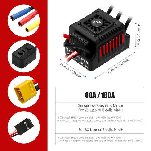 60A 2-3S Programming 1/10 Upgraded Brushless ESC Electronic Speed Controller with Card Waterproof ESC for Remote
